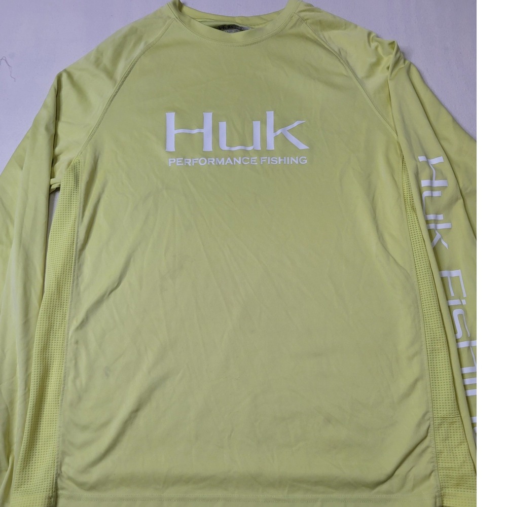 Huk Performance Fishing Shirt Mens Large Neon Yellow Long Sleeve Mesh Panels L
